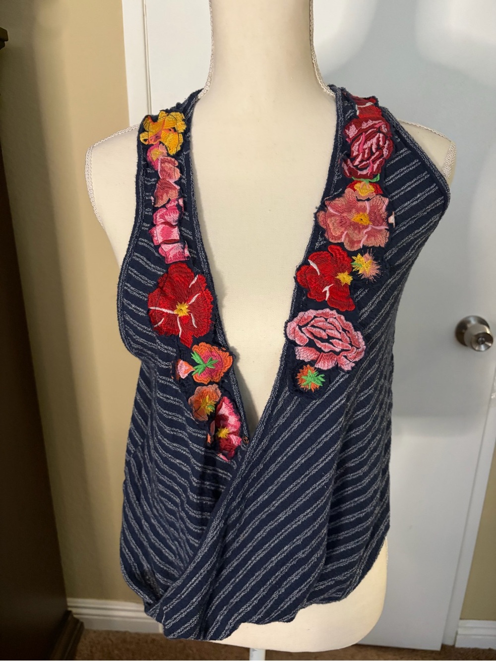 Free People Navy Striped Floral Embroidered Tank Top Size S